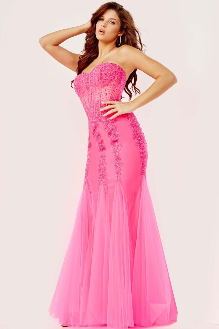 Front view of model in Jovani 5908 pink gown, showcasing elegant silhouette.