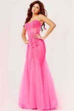 Jovani 5908 pink gown with floor-length tulle skirt, front view.
