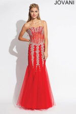 Model wearing Jovani 5908 red dress with mermaid silhouette.