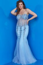 Model wearing Jovani 5908 blue plus-size dress with mermaid silhouette.