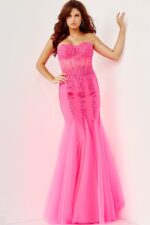 Model wearing Jovani 5908 pink dress with mermaid silhouette.