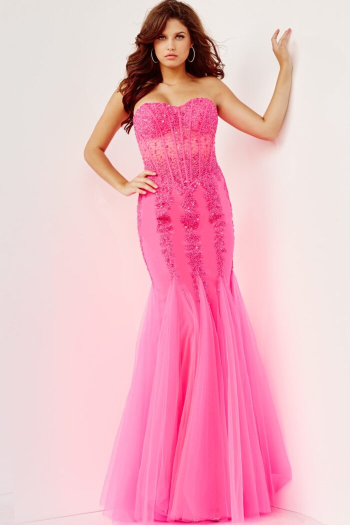 Model wearing Jovani 5908 pink dress with mermaid silhouette.