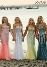 Group of models wearing Jovani 5908 gowns in various colors, including yellow.