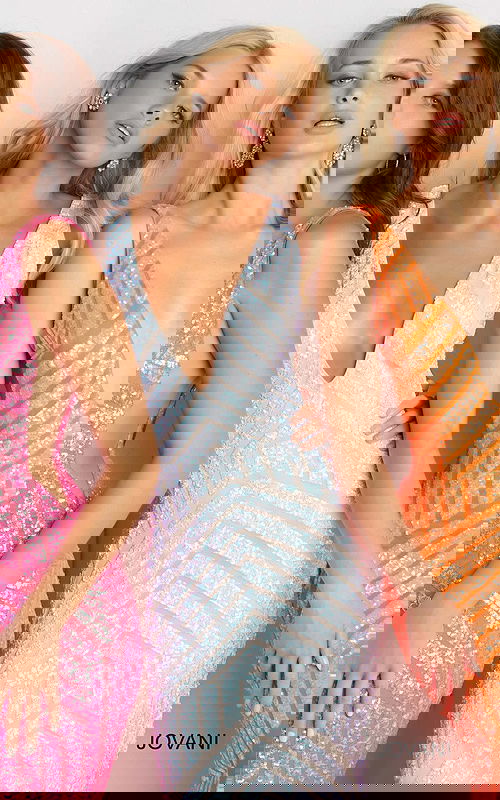 Models in Jovani 59762 gown showcasing vibrant pink, blue, and orange colors with sequin detail.