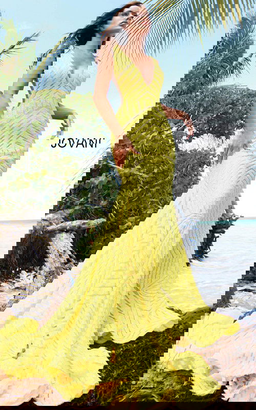 Model wearing Jovani 59762 Low V Neck Sequin Sheath Dress