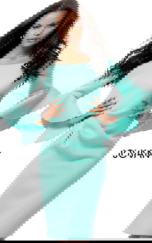 Model wearing Jovani 59992 aqua dress, showcasing long ruffle sleeves.