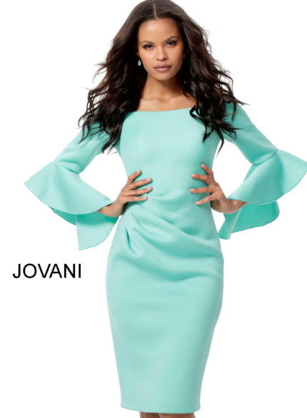 Model wearing Jovani 59992 aqua dress with ruffle sleeves, front view.