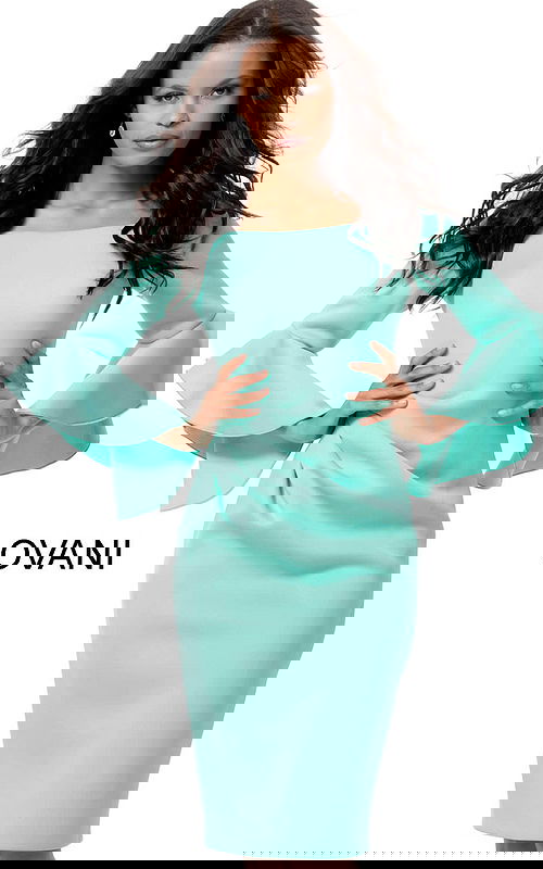 Model wearing Jovani 59992 aqua dress with ruffle sleeves, front view.