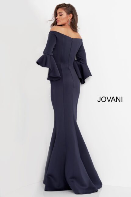 Back of Jovani 59993 Navy gown with fitted bodice and bell sleeves.