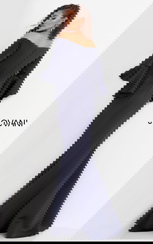 Back of Jovani 59993 Navy gown with fitted bodice and bell sleeves.