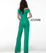 Back view of Jovani 60103 green jumpsuit featuring a zipper detail.