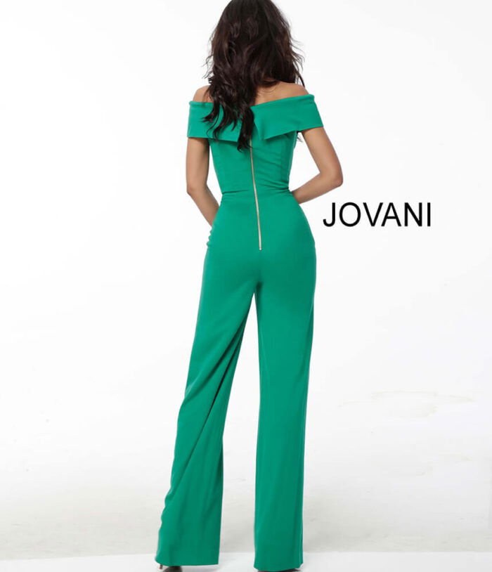 Back view of Jovani 60103 green jumpsuit featuring a zipper detail.