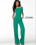 Model showcasing Jovani 60103 green jumpsuit highlighting its elegant fit and design.