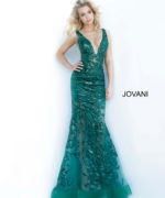 Model wearing Jovani 60283 in forest green, front view of elegant gown.