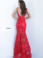 Model wearing Jovani 60283 in red, back view of lace dress.