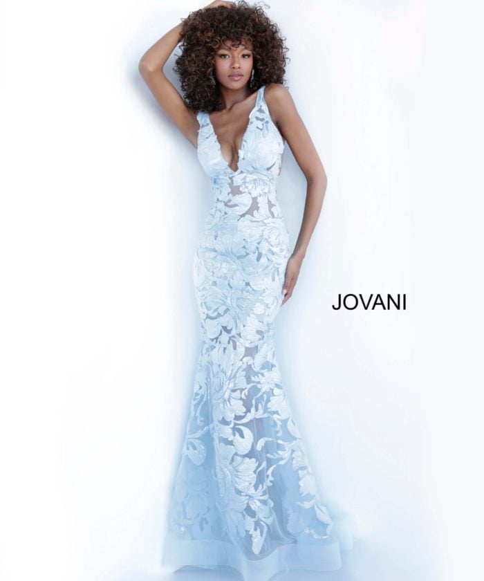 Model wearing Jovani 60283 in light blue, front view capturing lace detail.