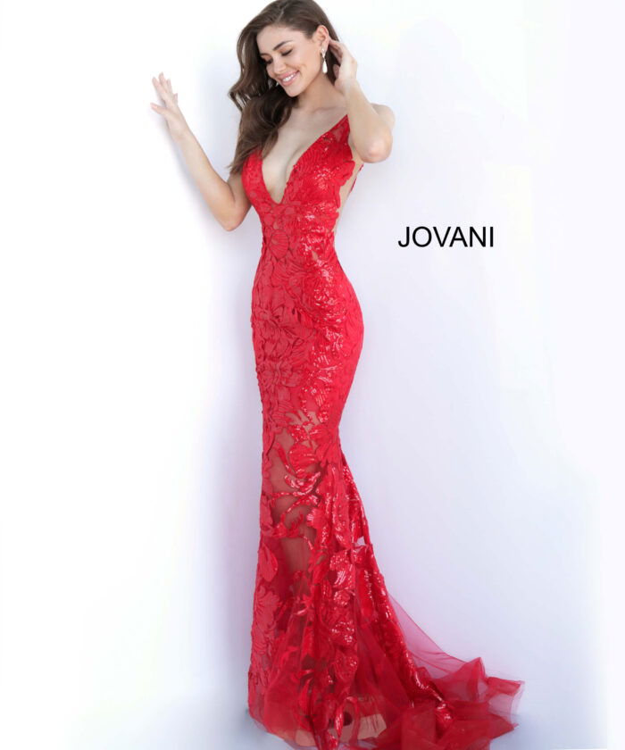 Model wearing Jovani 60283 in red, front view of lace dress.