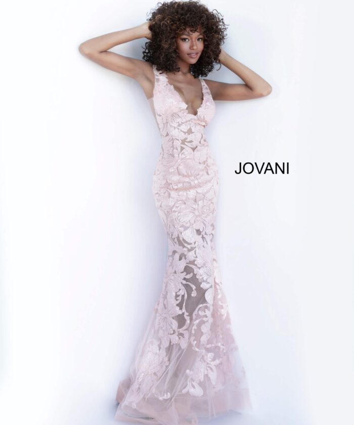 model wearing Jovani 60283 rose gold dress with floral applique, front view