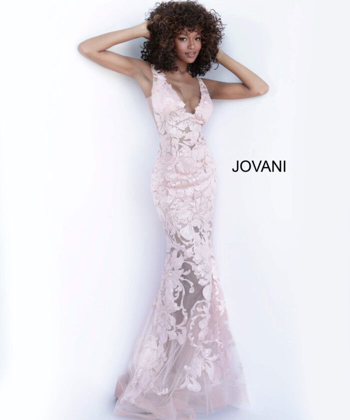 Model wearing Jovani 60283 in rose gold, highlighted front view.