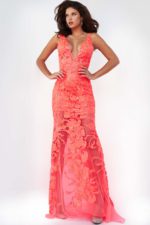 Model wearing Jovani 60283 in orange, front view of lace dress.