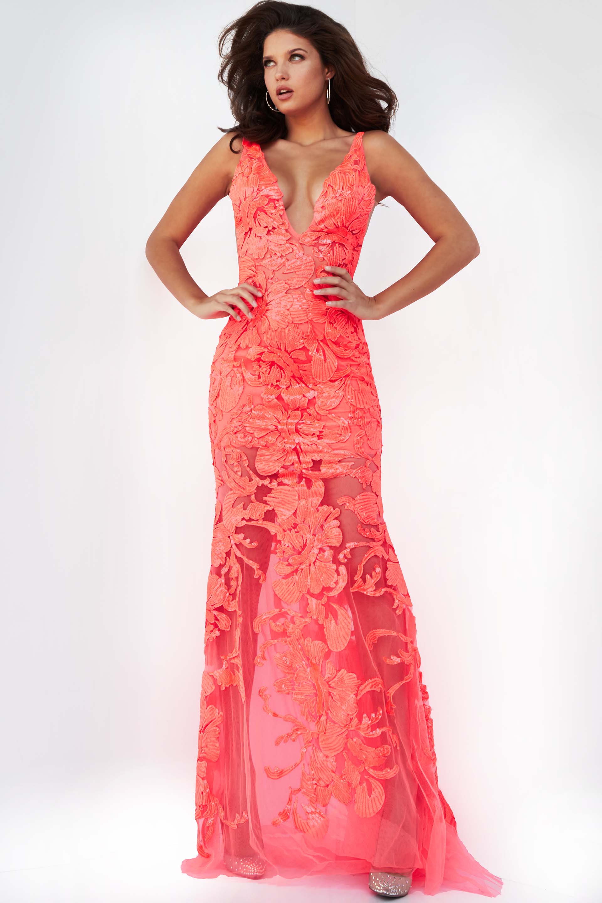 60283-TANGERINE-front.jpg Model wearing Jovani 60283 in orange, front view of lace dress.