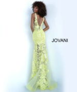 Model wearing Jovani 60283 in yellow, back view of elegant lace gown.