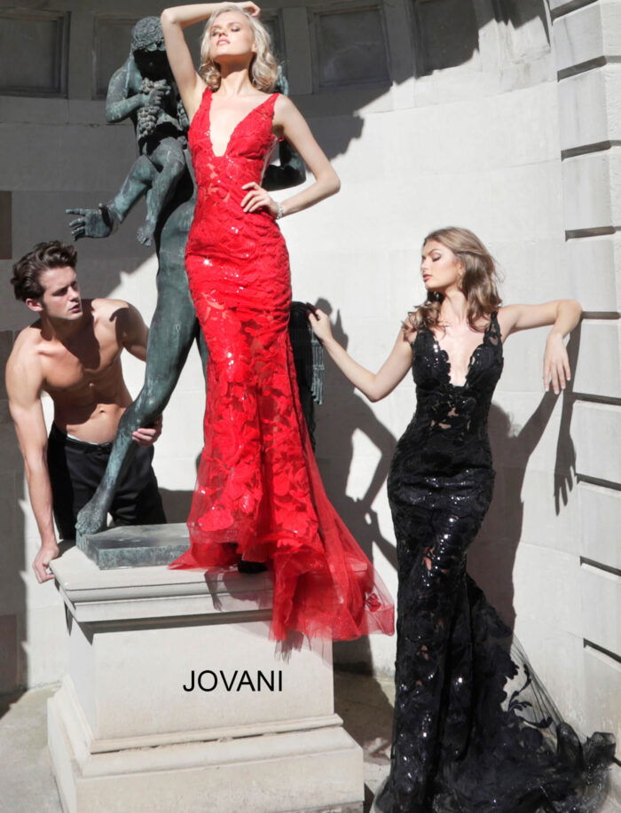 Models wearing Jovani 60283 in black and red, front view of lace gowns.