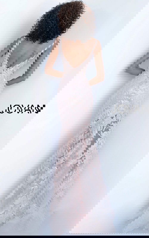 model wearing Jovani 60283 pink dress with floral applique, back view