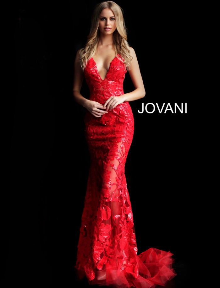 Model wearing Jovani 60283 in red, detailed front view.