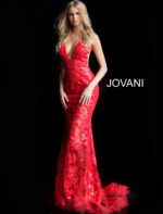 Model wearing Jovani 60283 in red, full view of lace gown.