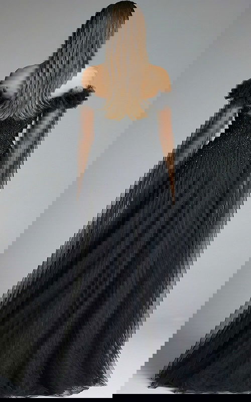 back of off the shoulder sheer beaded dress 61002