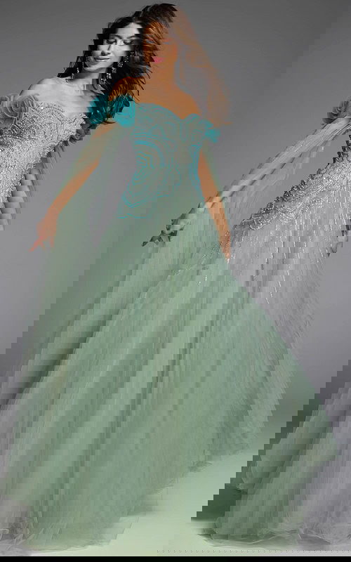 Off-the-shoulder green gown with delicate tulle cape detailing