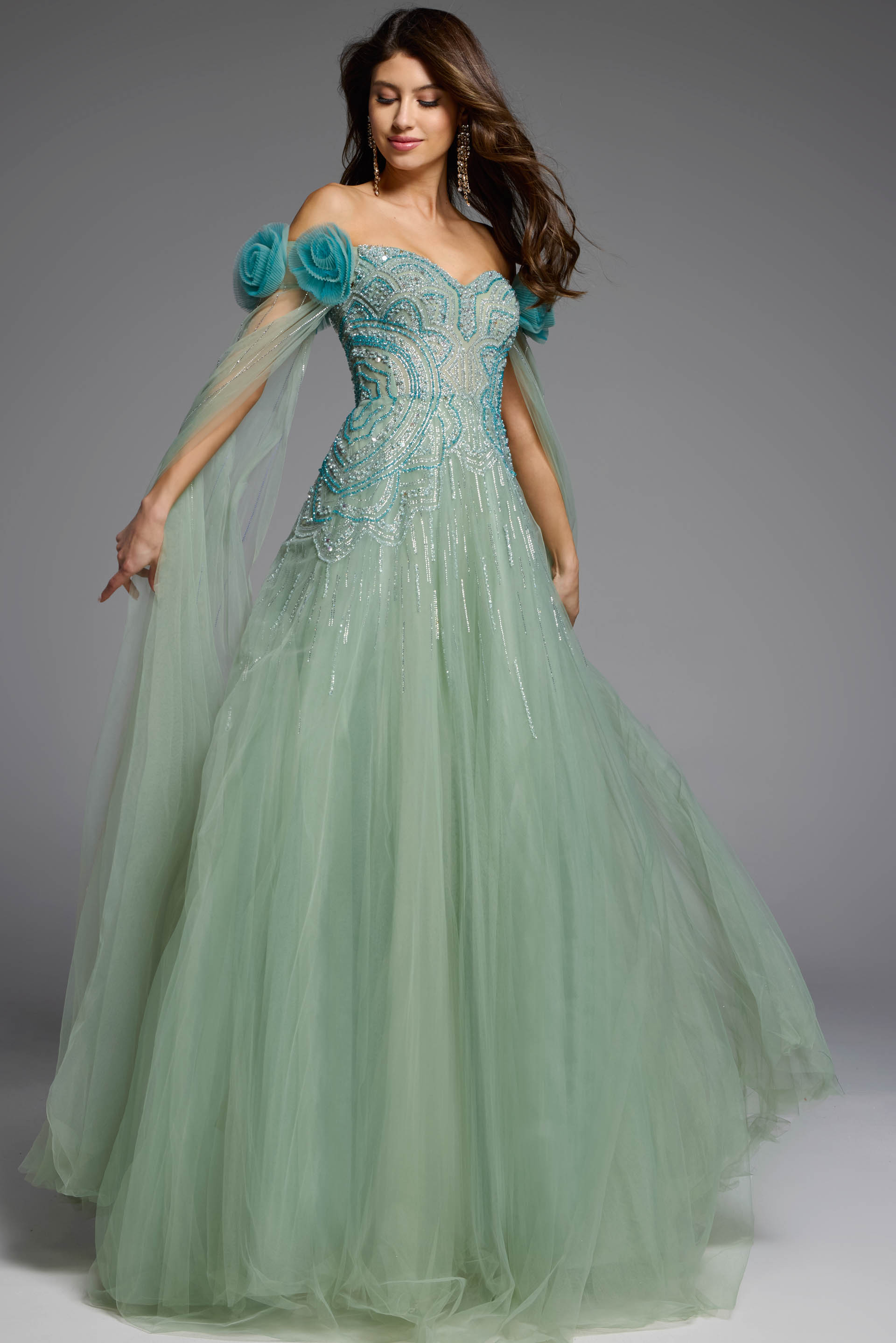 61002_GRN_009 1 Off-the-shoulder green gown with delicate tulle cape detailing