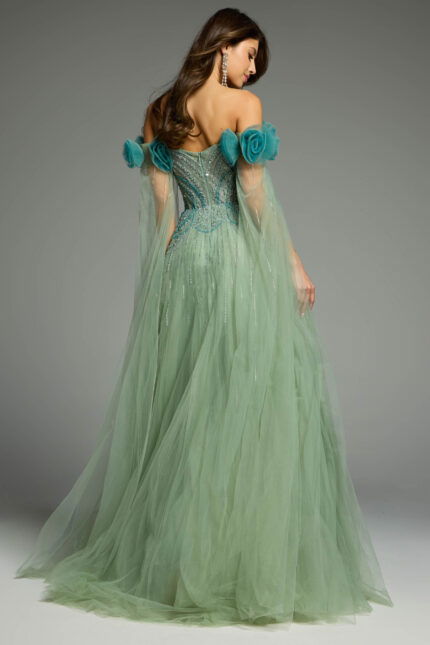 Back view of a green tulle dress showcasing layered elegance