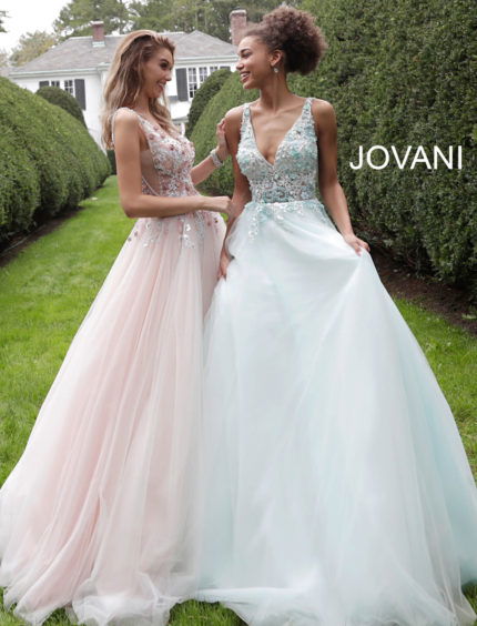 models wearing Jovani 61109 blue and blush gowns, posing together