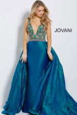 Jovani 61464 blue dress with a deep V-neck, full-length view.