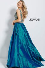 Jovani 61464 blue dress displayed from the back, highlighting the flowy skirt.