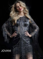 Model wearing Jovani 61636 gray dress, featuring beading and fringe, front view.