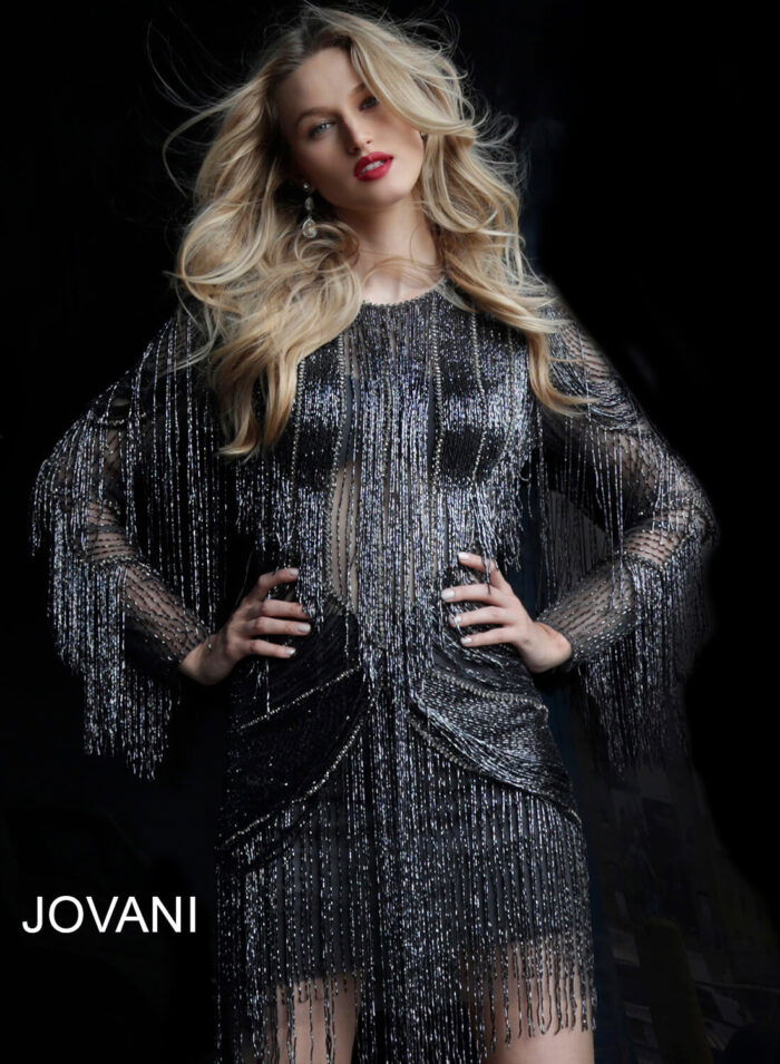 Model wearing Jovani 61636 gray dress, featuring beading and fringe, front view.