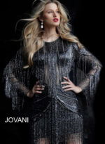 Model wearing Jovani 61636 dress, front view emphasizing fringe detail.