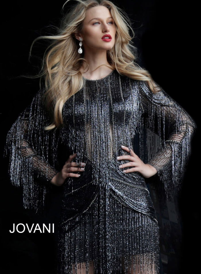 Model wearing Jovani 61636 dress, front view emphasizing fringe detail.