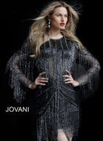 Model in Jovani 61636 gray dress, front view highlighting delicate fringe.