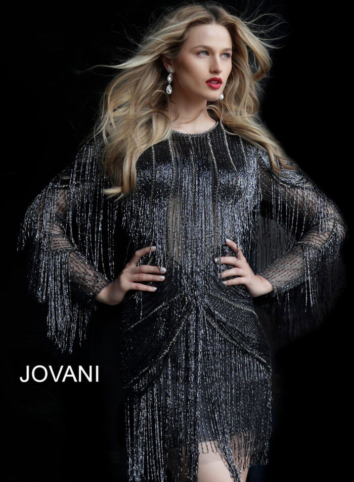 Model in Jovani 61636 gray dress, front view highlighting delicate fringe.