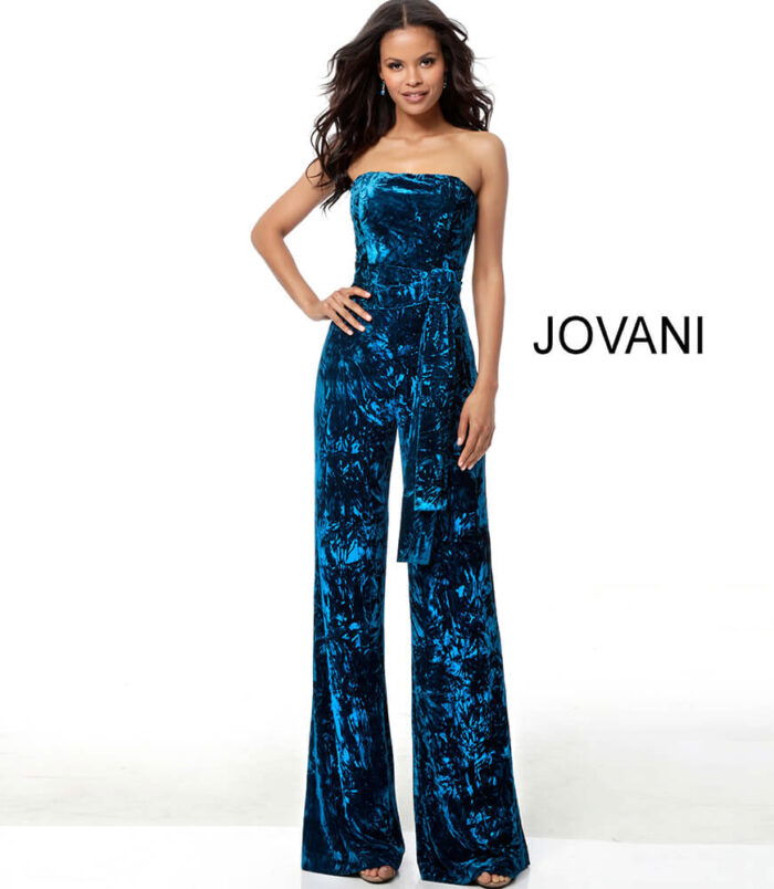 Front view of Jovani 61740 teal blue jumpsuit with strapless neckline and belt detailing.