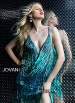 Model wearing Jovani 61883 Teal Fringe Spaghetti Strap Cocktail Dress