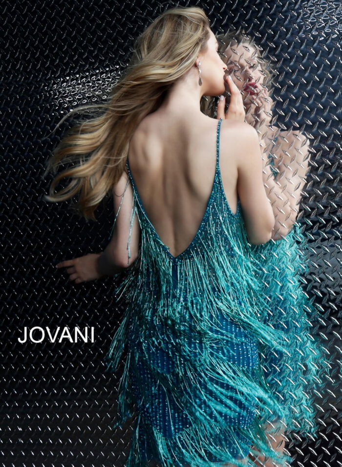 Model wearing Jovani 61883 Teal Fringe Spaghetti Strap Cocktail Dress