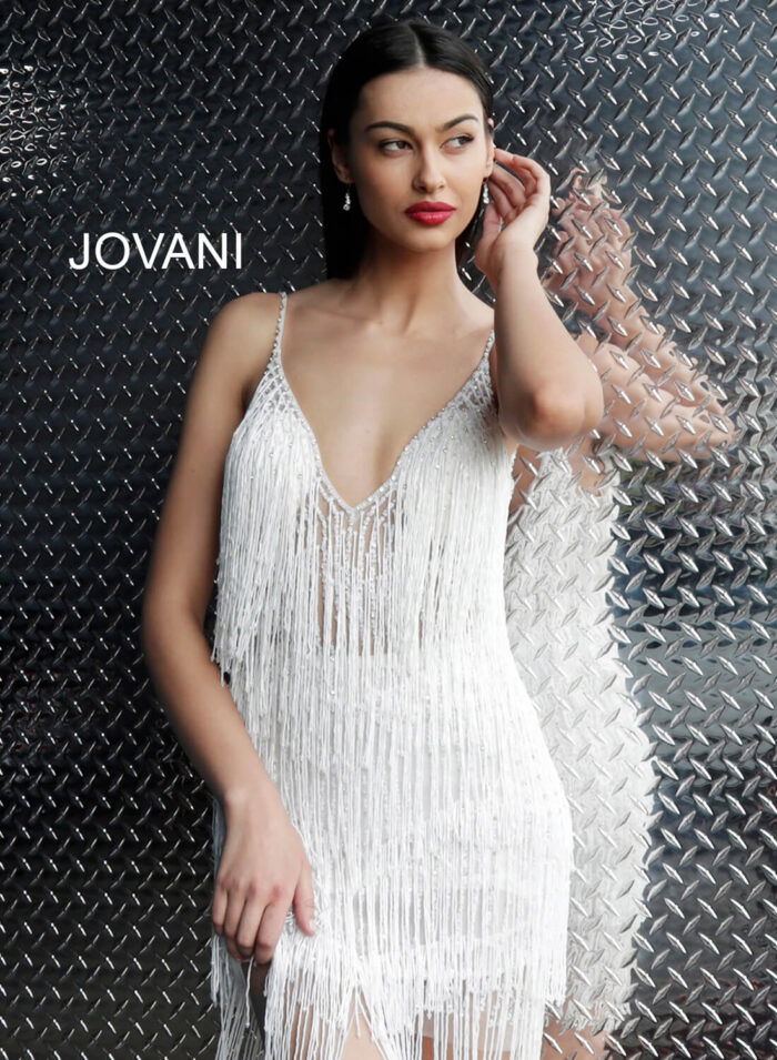 Model wearing Jovani 61883 Teal Fringe Spaghetti Strap Cocktail Dress