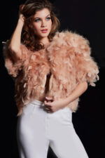 Model wearing Jovani 62104 nude dress with feathered texture, front view.