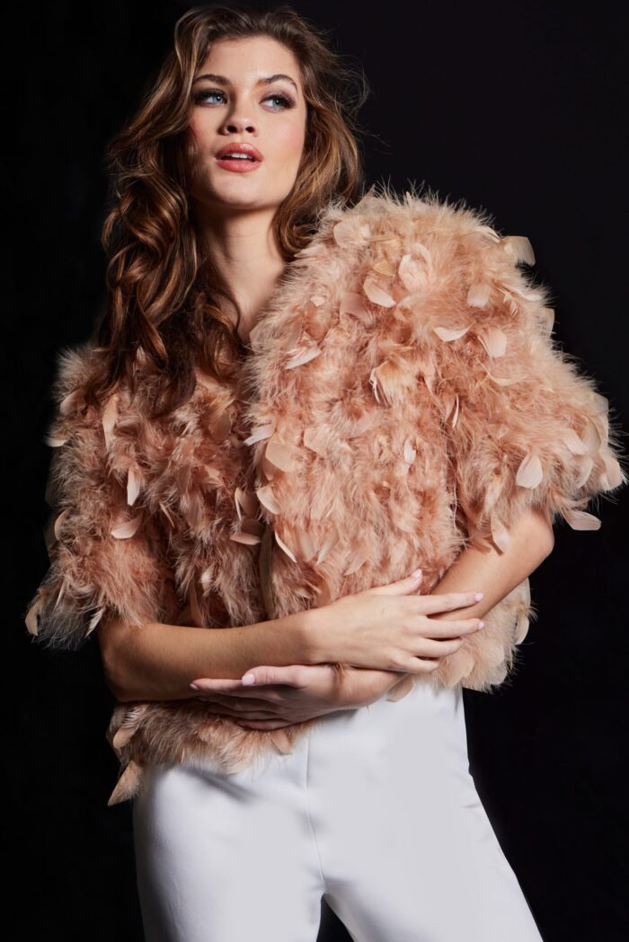 Model showcasing Jovani 62104 nude dress, close-up front view.