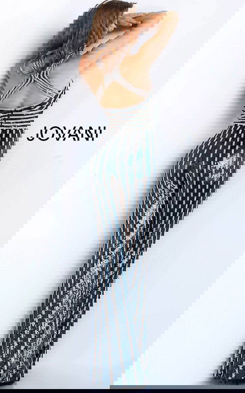 Back view of Jovani 62493 with criss-cross strap details, black and gold sequin gown.